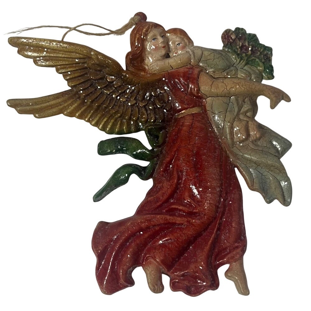 VTG‎ Raised Flying Christmas Shimmering Gold Wing Angel Ornament Holding A Baby